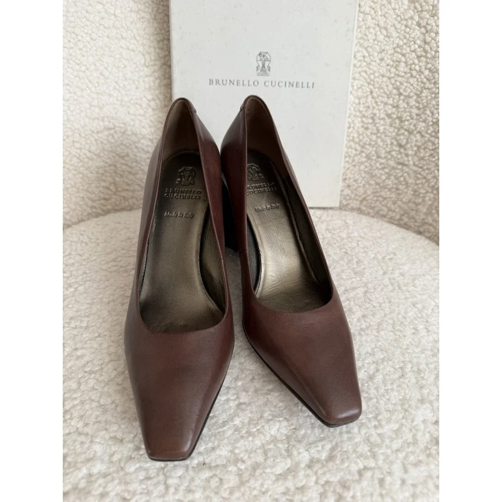 NWT‎ Brunello Cucinelli - Brown Leather And Caviar Beads Block Heel Size 37